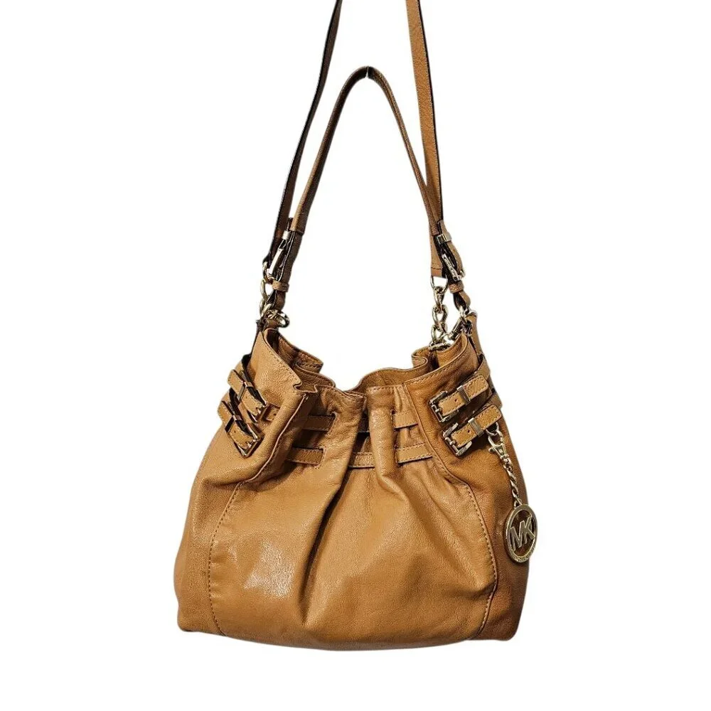 Michael Kors Way Leather Buckle Hobo Cinch Chain Tan Shoulder Bag COA